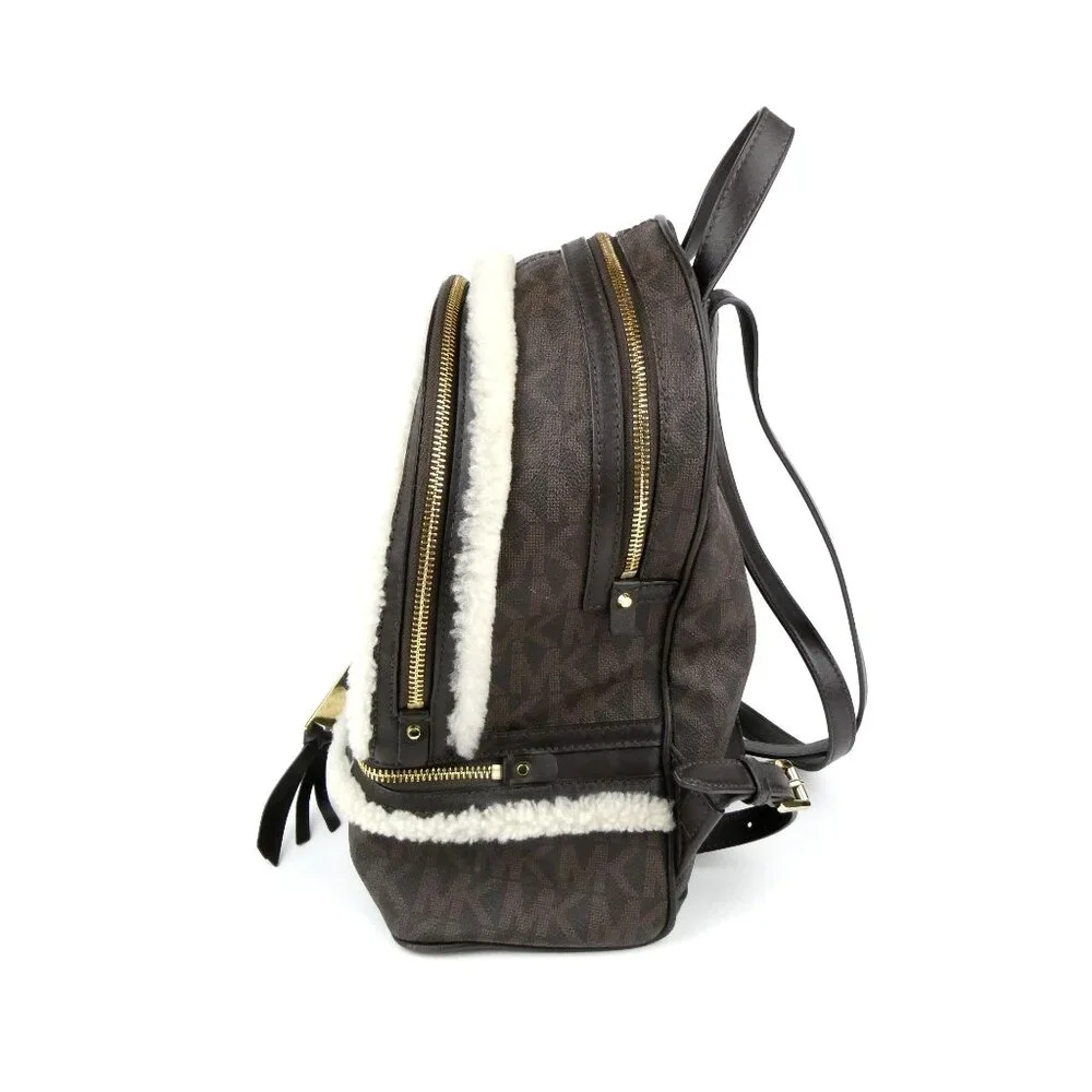 Michael Kors Brown Monogrammed Leather Shearling Trim Mini Backpack